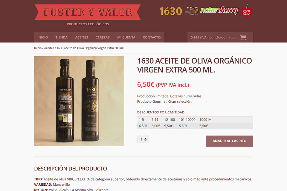 Página de producto de tienda online de Fuster y Valor