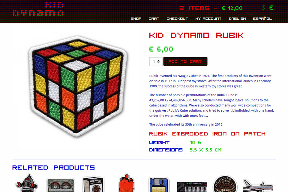 Página de producto de tienda online de Dynamo Kid